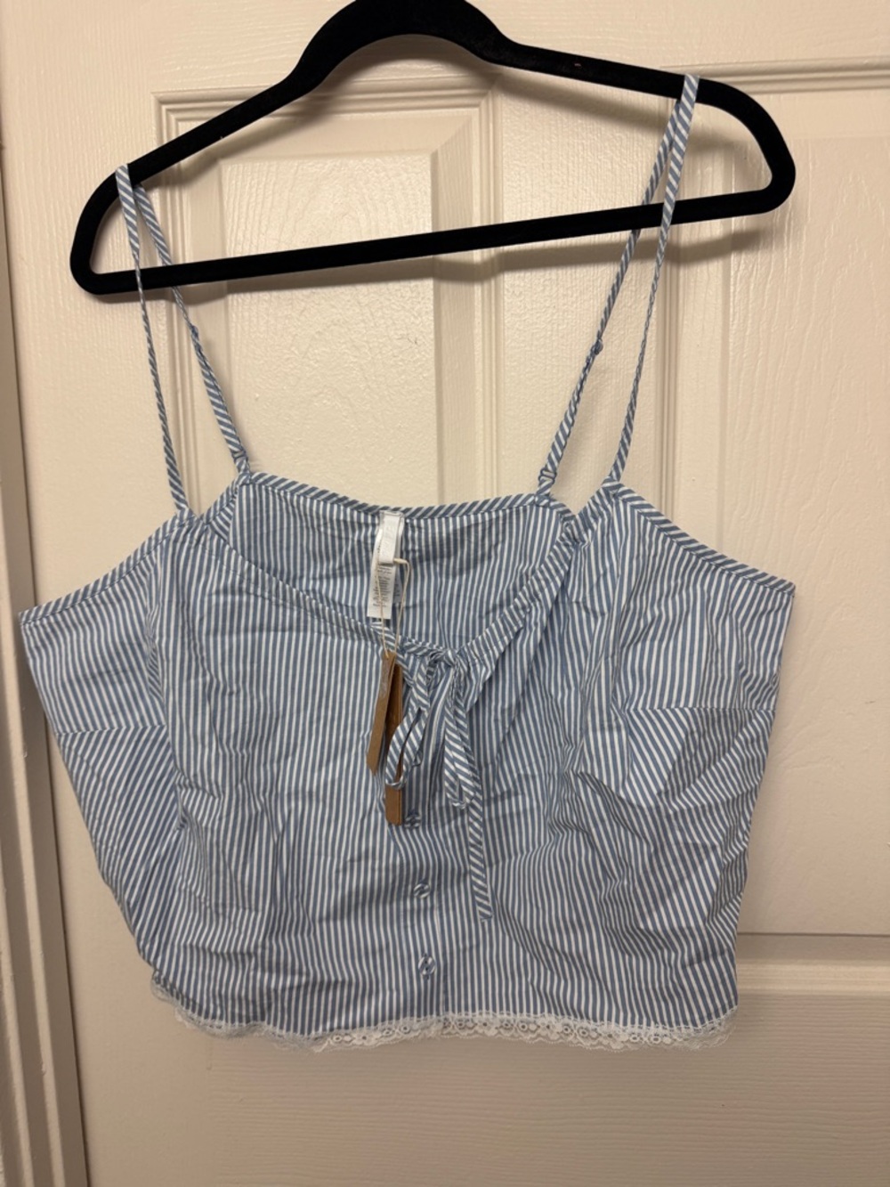 Skims Blue Stripe Lace-Hem Spaghetti Strap Tank Top